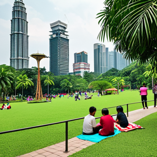 Home 11 **A vibrant urban park in Kuala Lumpur:** Lush greenery with diverse Malaysian flora, families picnicking, children playing, and a modern cityscape visible in the background. Focus on a sense of community and relaxation.