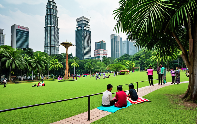 **A vibrant urban park in Kuala Lumpur:** Lush greenery with diverse Malaysian flora, families picnicking, children playing, and a modern cityscape visible in the background. Focus on a sense of community and relaxation.