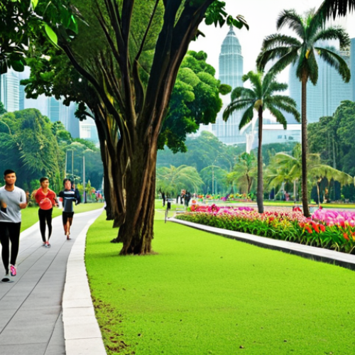 Home 6 **Lush urban park in Malaysia:** A vibrant scene with diverse greenery, tall trees, flowers in bloom. People walking, jogging, and relaxing. Focus on clean air and sense of tranquility. Perhaps a glimpse of KLCC in the distance. Bright, natural lighting.